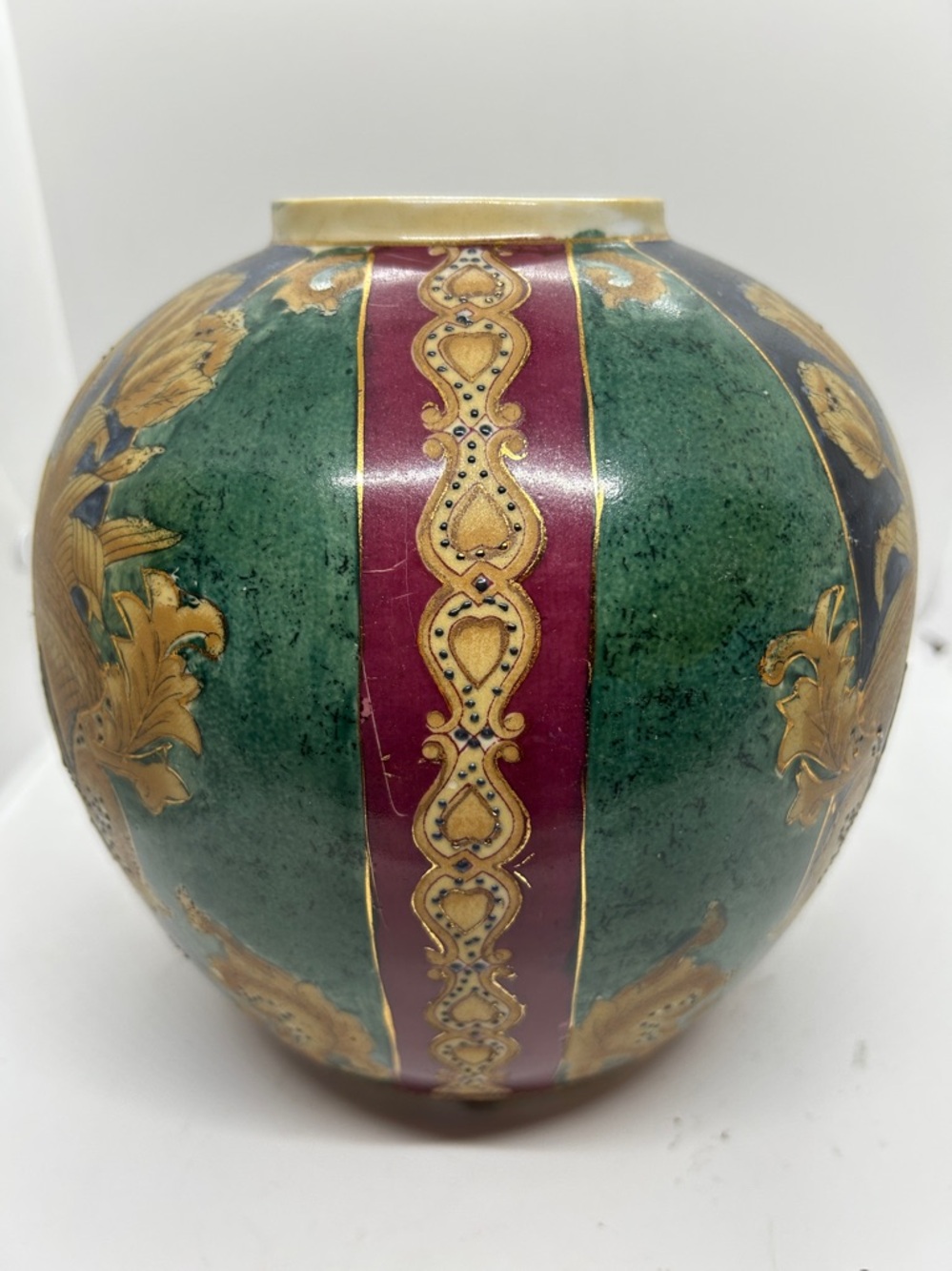 Vintage Decorative Floral Globe Vase in Green, Navy & Gold - Picture 5 of 11